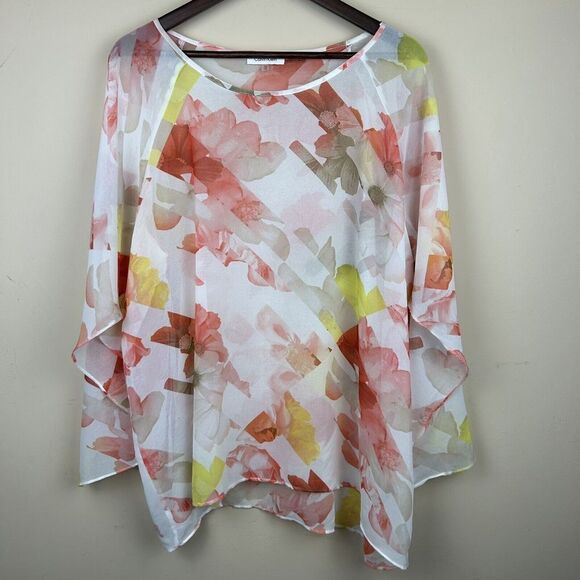 Calvin Klein 1X‎ Water Color Sheer Overlay Blouse Art to Wear Fly Away Sleeves - Picture 1 of 7